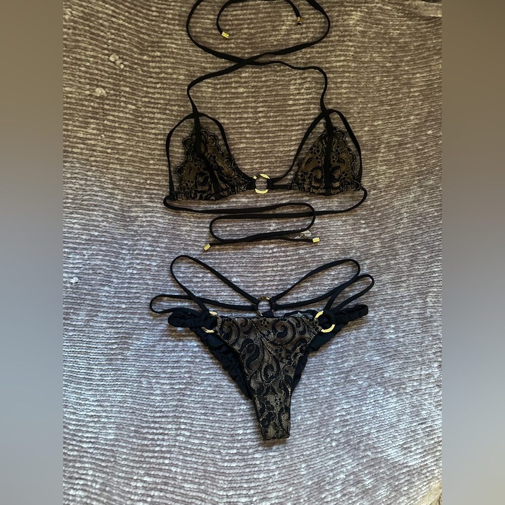 Black & Gold Lace Strappy Bikini Set - Women's Intimates